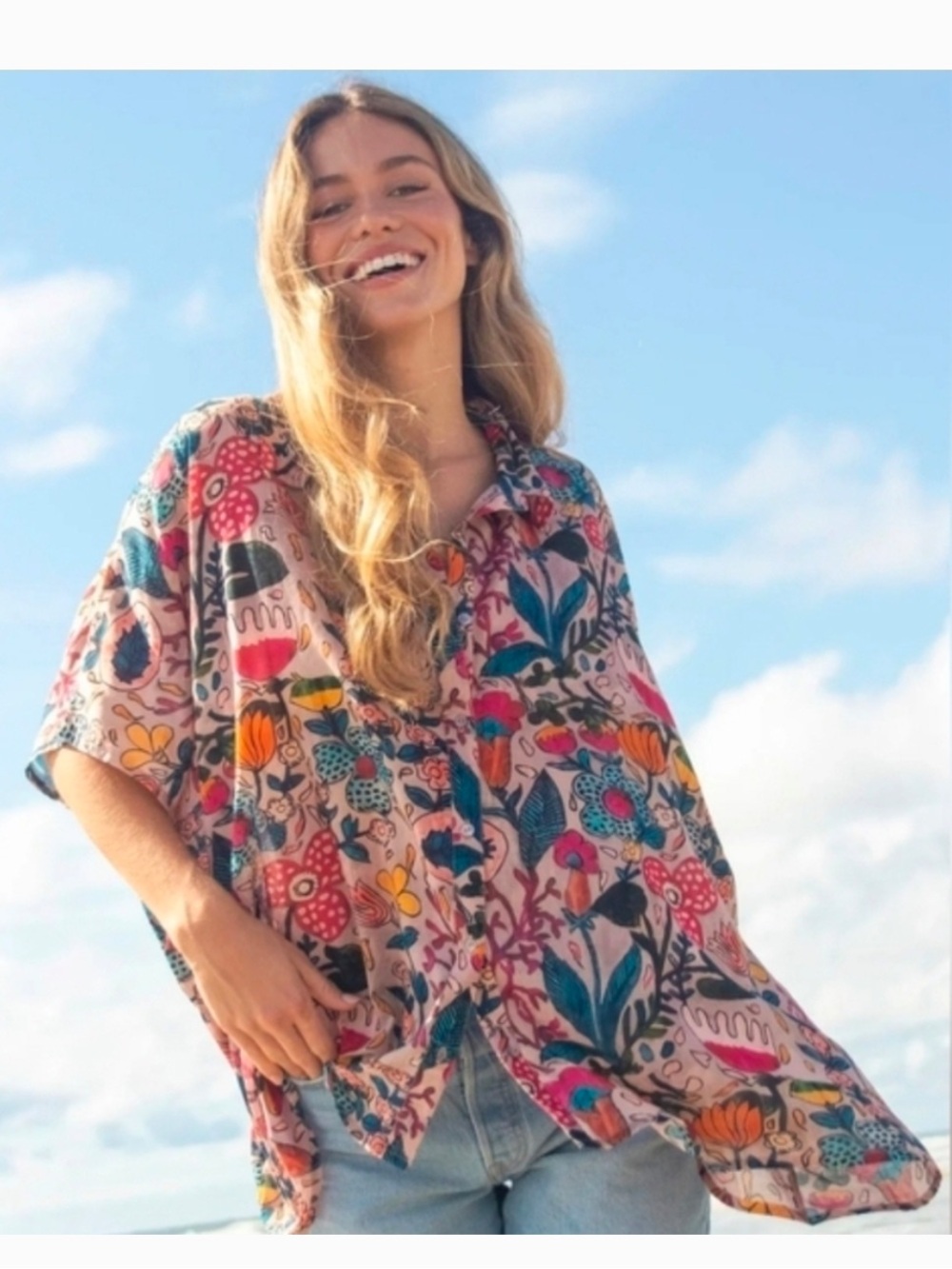 Natural Life Sz OS Kelly Oversized Cotton Button Down Pink Floral Lagenlook Boho